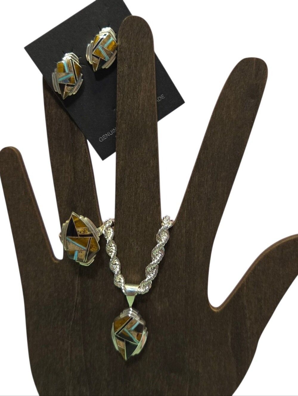 Signed VB Sterling Silver Multicolor Mosaic Inlay Jewelry Set